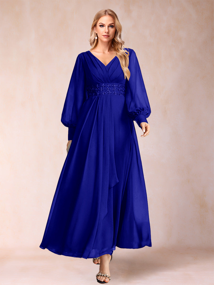 A-Line/Princess V-Neck Long Sleeves Mother of the Bride Dresses with Rhinestone &amp; Ruffles