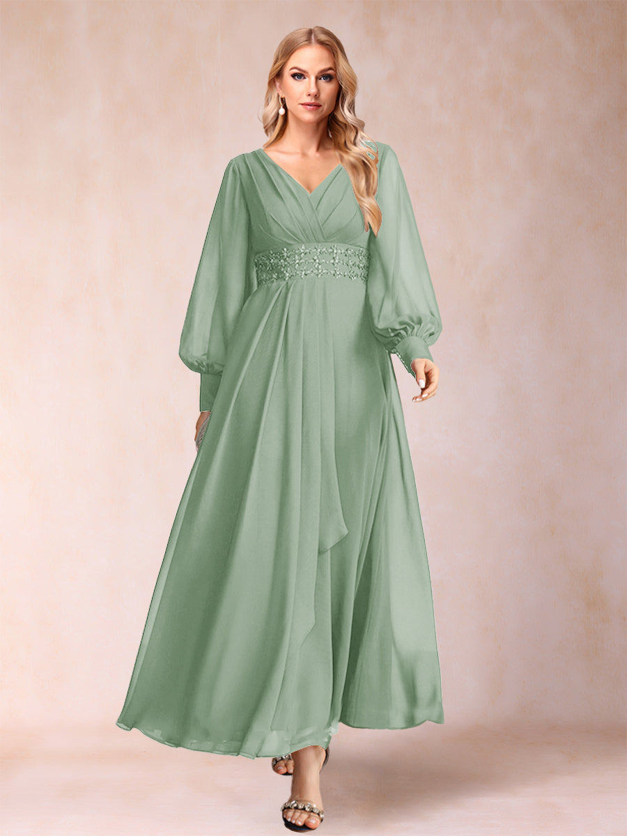 A-Line/Princess V-Neck Long Sleeves Mother of the Bride Dresses with Rhinestone &amp; Ruffles