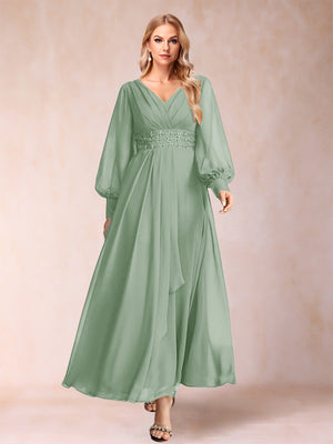 A-Line/Princess V-Neck Long Sleeves Mother of the Bride Dresses with Rhinestone & Ruffles