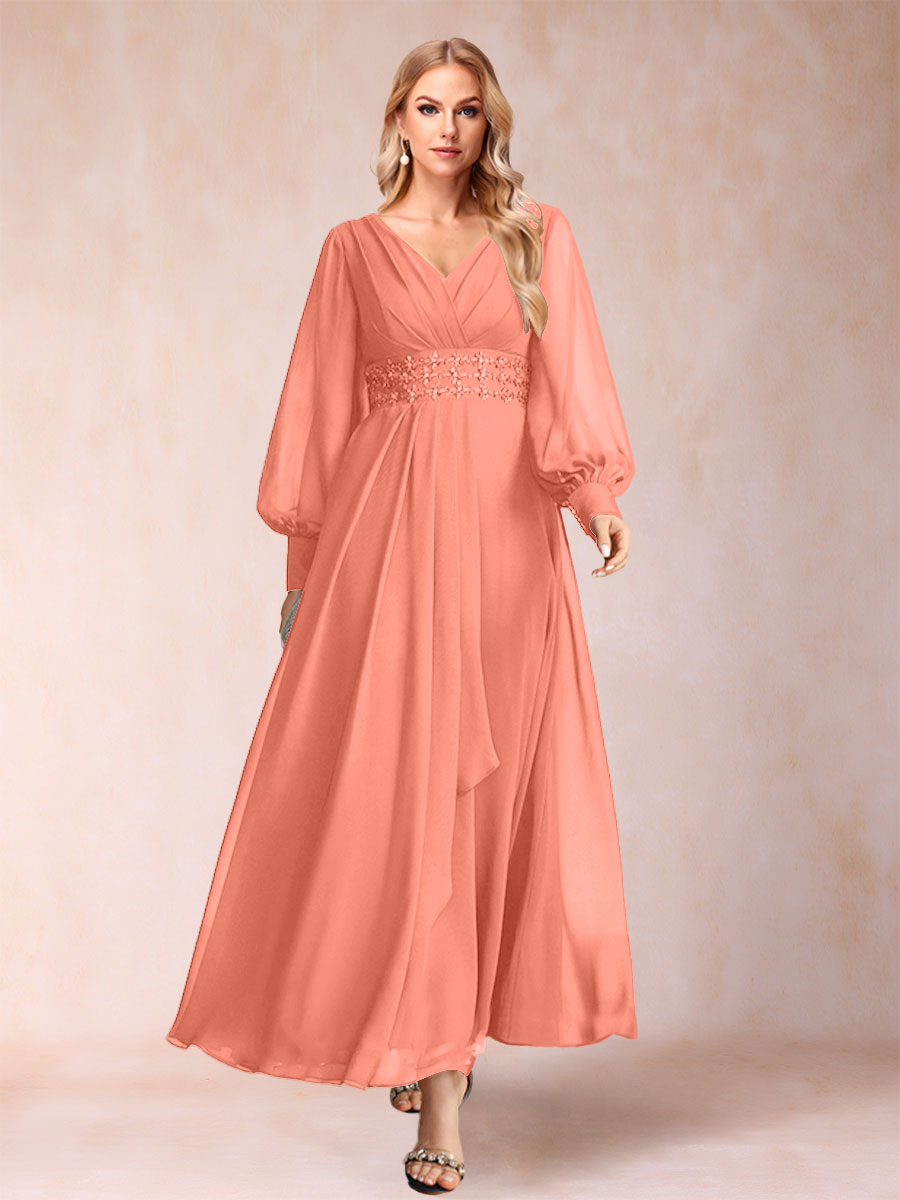 A-Line/Princess V-Neck Long Sleeves Mother of the Bride Dresses with Rhinestone &amp; Ruffles