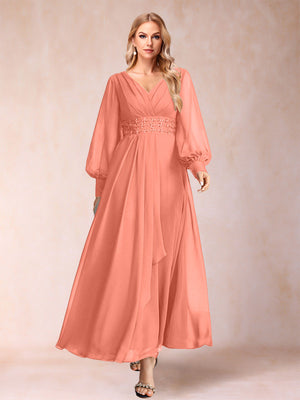 A-Line/Princess V-Neck Long Sleeves Mother of the Bride Dresses with Rhinestone & Ruffles