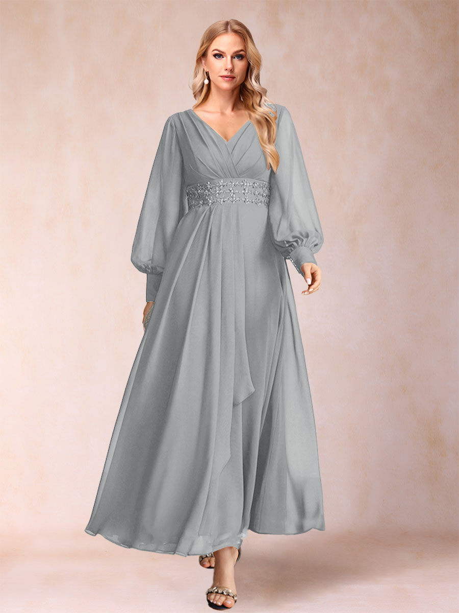 A-Line/Princess V-Neck Long Sleeves Mother of the Bride Dresses with Rhinestone &amp; Ruffles