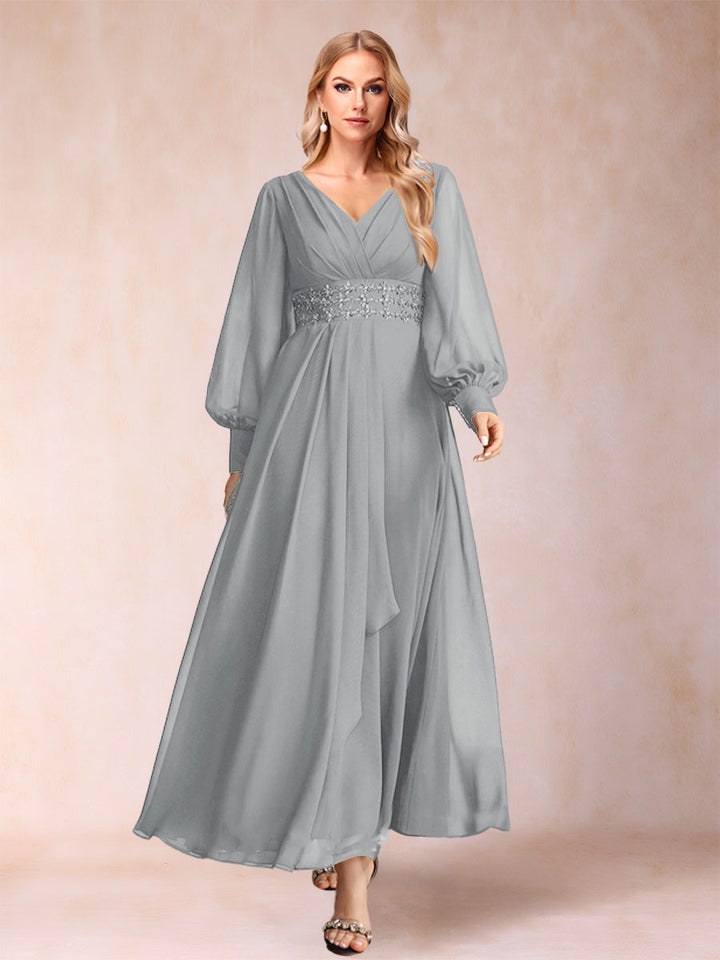 A-Line/Princess V-Neck Long Sleeves Mother of the Bride Dresses with Rhinestone &amp; Ruffles