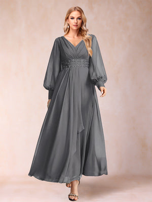 A-Line/Princess V-Neck Long Sleeves Mother of the Bride Dresses with Rhinestone & Ruffles