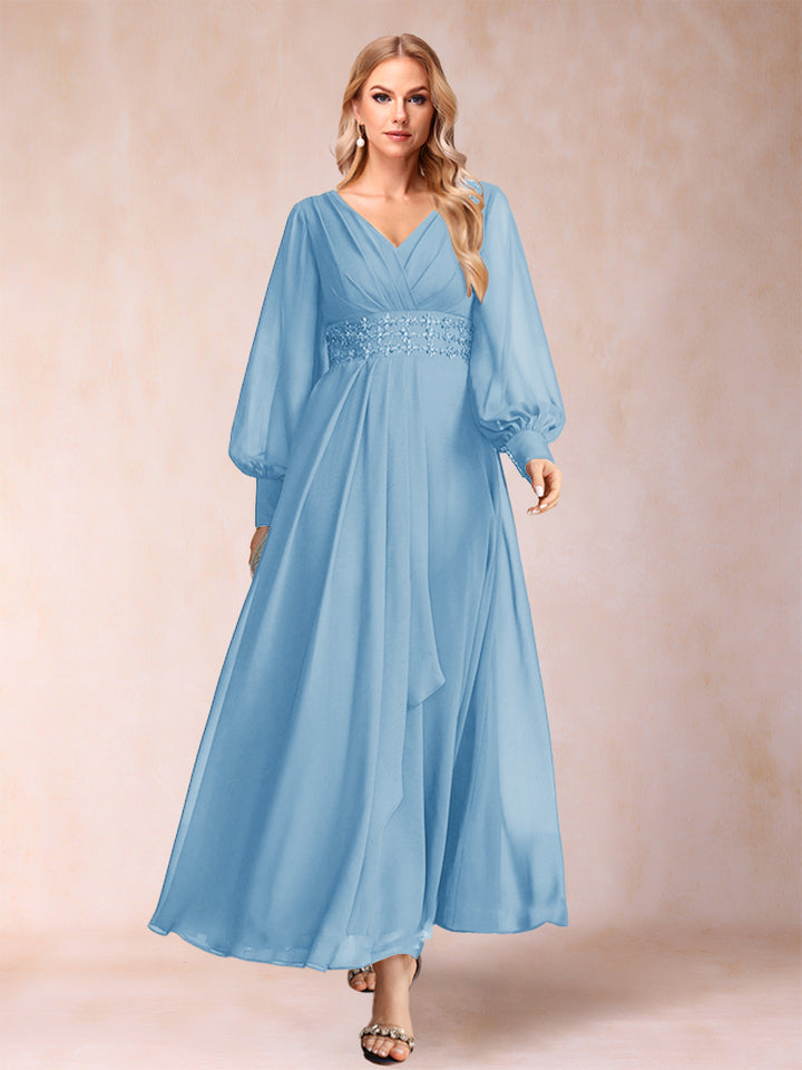 A-Line/Princess V-Neck Long Sleeves Mother of the Bride Dresses with Rhinestone &amp; Ruffles
