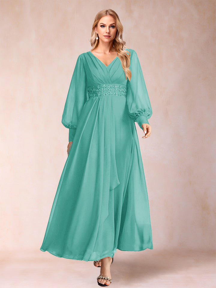A-Line/Princess V-Neck Long Sleeves Mother of the Bride Dresses with Rhinestone &amp; Ruffles