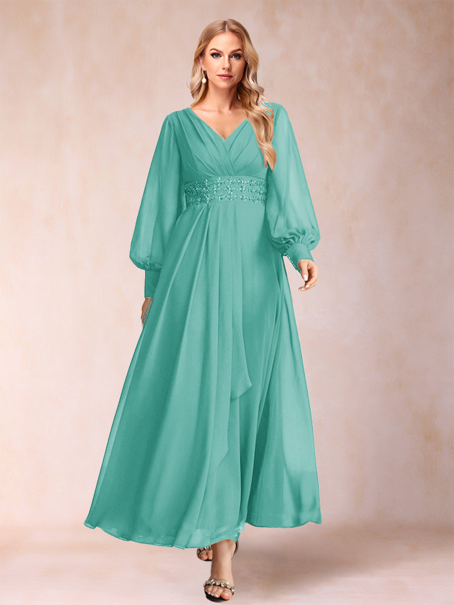 A-Line/Princess V-Neck Long Sleeves Mother of the Bride Dresses with Rhinestone & Ruffles