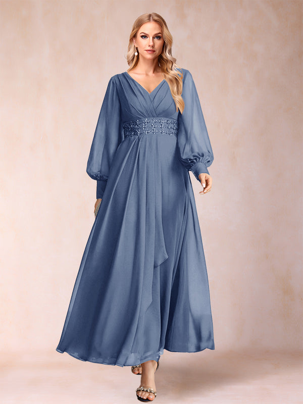 A-Line/Princess V-Neck Long Sleeves Mother of the Bride Dresses with Rhinestone & Ruffles