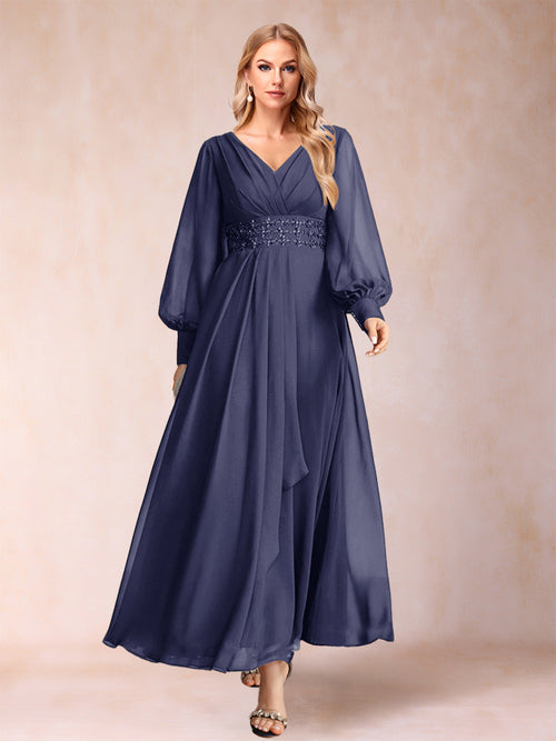 A-Line/Princess V-Neck Long Sleeves Mother of the Bride Dresses with Rhinestone & Ruffles