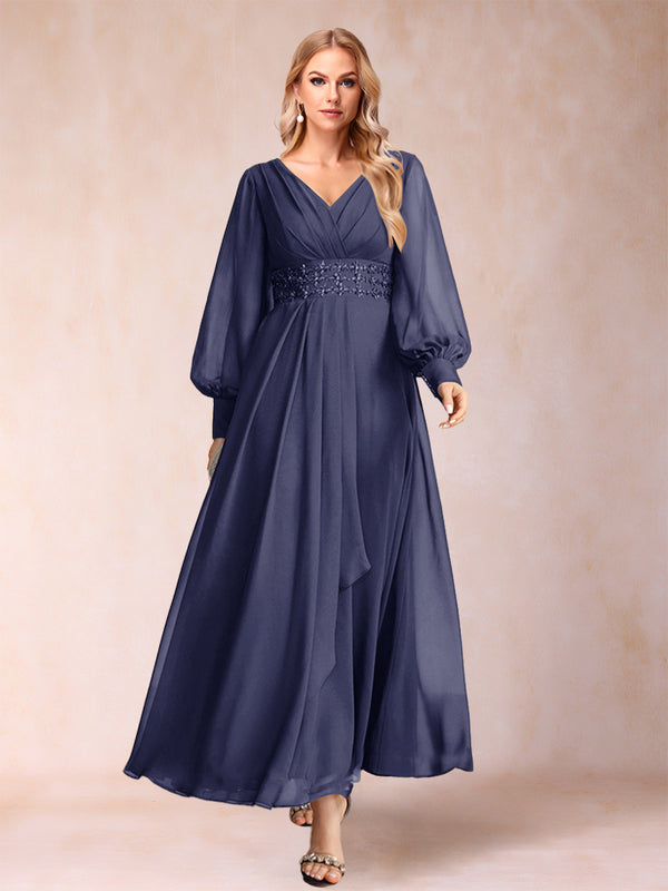 A-Line/Princess V-Neck Long Sleeves Mother of the Bride Dresses with Rhinestone & Ruffles