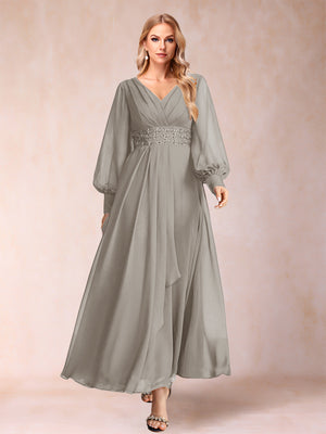 A-Line/Princess V-Neck Long Sleeves Mother of the Bride Dresses with Rhinestone & Ruffles