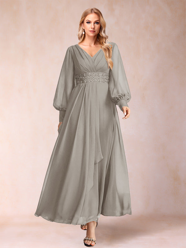 A-Line/Princess V-Neck Long Sleeves Mother of the Bride Dresses with Rhinestone & Ruffles