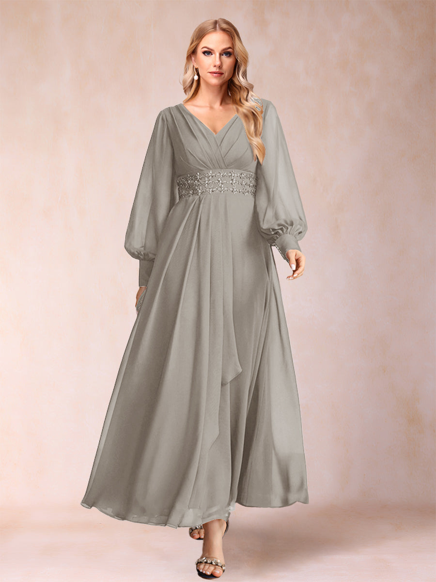 A-Line/Princess V-Neck Long Sleeves Mother of the Bride Dresses with Rhinestone & Ruffles