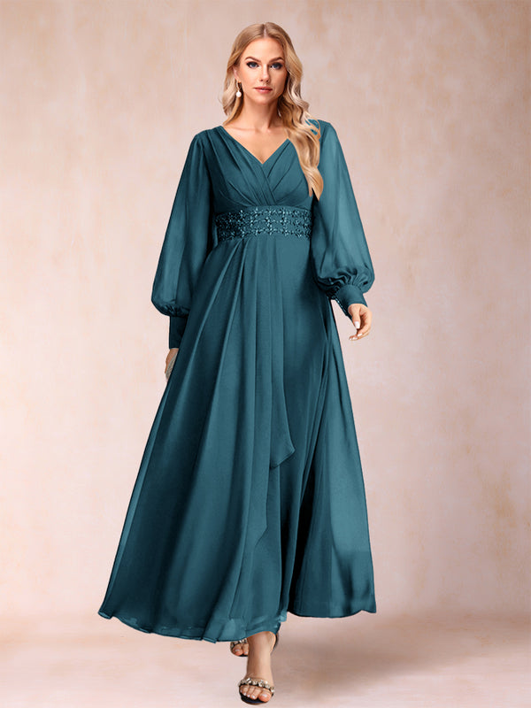 A-Line/Princess V-Neck Long Sleeves Mother of the Bride Dresses with Rhinestone & Ruffles