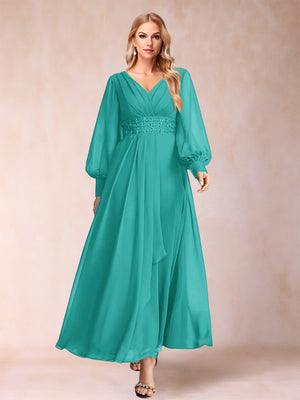 A-Line/Princess V-Neck Long Sleeves Mother of the Bride Dresses with Rhinestone & Ruffles