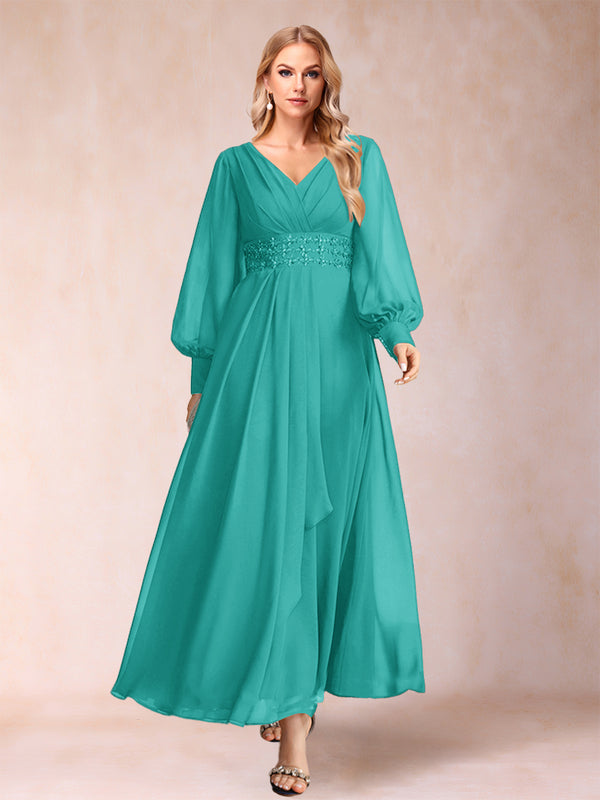 A-Line/Princess V-Neck Long Sleeves Mother of the Bride Dresses with Rhinestone & Ruffles