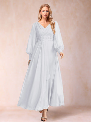 A-Line/Princess V-Neck Long Sleeves Mother of the Bride Dresses with Rhinestone & Ruffles