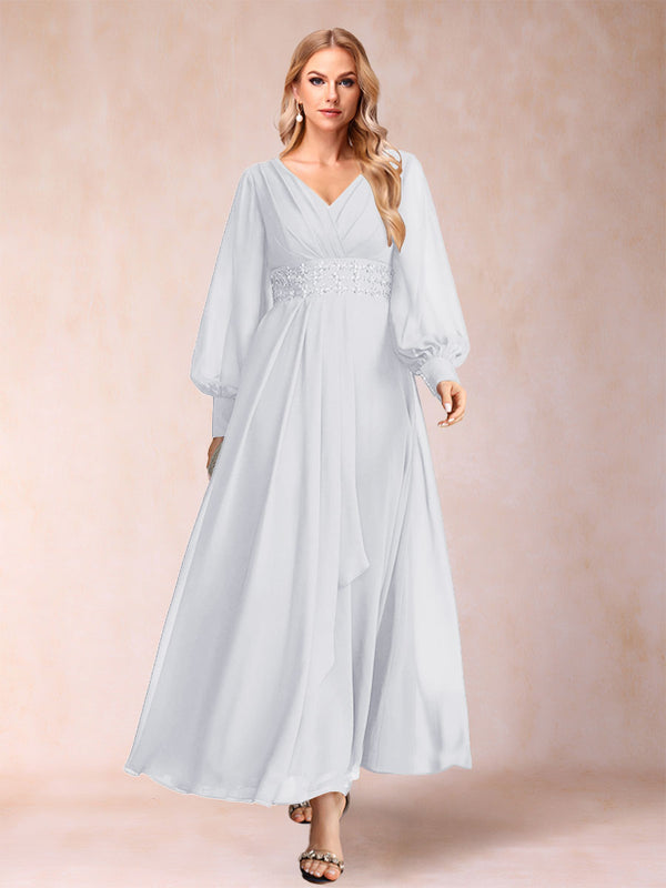 A-Line/Princess V-Neck Long Sleeves Mother of the Bride Dresses with Rhinestone & Ruffles