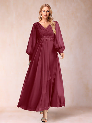 A-Line/Princess V-Neck Long Sleeves Mother of the Bride Dresses with Rhinestone & Ruffles