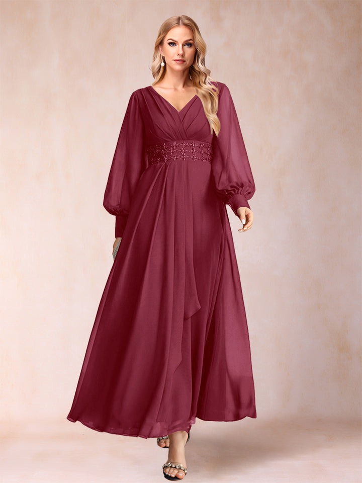 A-Line/Princess V-Neck Long Sleeves Mother of the Bride Dresses with Rhinestone &amp; Ruffles