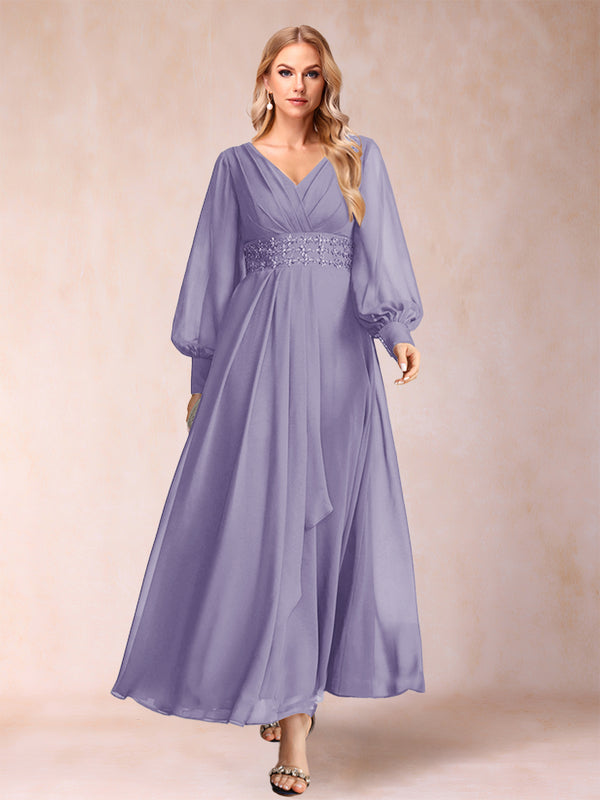 A-Line/Princess V-Neck Long Sleeves Mother of the Bride Dresses with Rhinestone & Ruffles