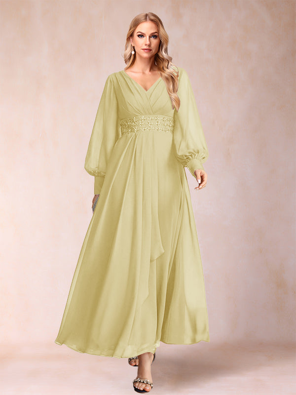 A-Line/Princess V-Neck Long Sleeves Mother of the Bride Dresses with Rhinestone & Ruffles