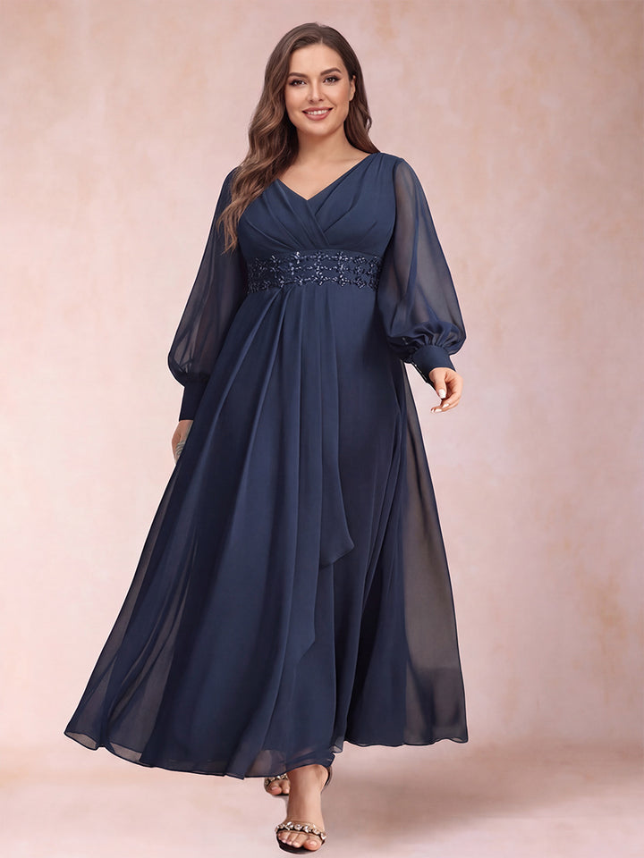 A-Line/Princess V-Neck Long Sleeves Plus Size Mother of the Bride Dresses with Rhinestone &amp; Ruffles