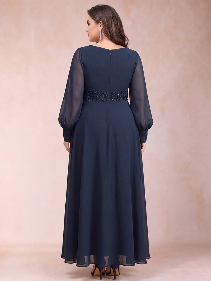 A-Line/Princess V-Neck Long Sleeves Plus Size Mother of the Bride Dresses with Rhinestone &amp; Ruffles