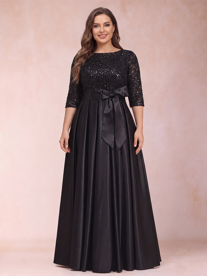 A-Line/Princess Scoop Half Sleeves Plus Size Mother of the Bride Dresses with Appliques &amp; Bow