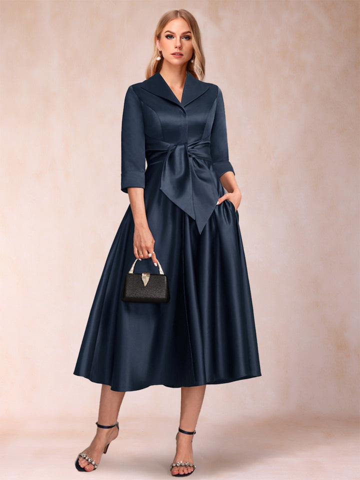 A-Line/Princess V-Neck 3/4 Sleeves Tea-Length Mother of the Bride Dresses with Belt &amp; Pockets