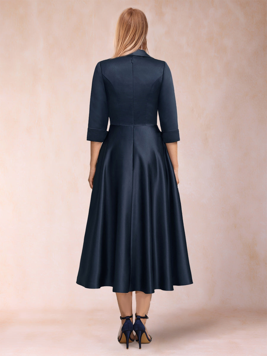 A-Line/Princess V-Neck 3/4 Sleeves Tea-Length Mother of the Bride Dresses with Belt &amp; Pockets