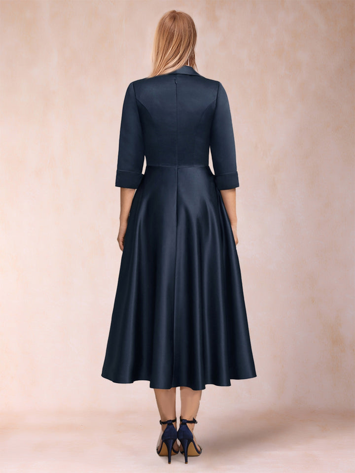 A-Line/Princess V-Neck 3/4 Sleeves Tea-Length Mother of the Bride Dresses with Belt &amp; Pockets