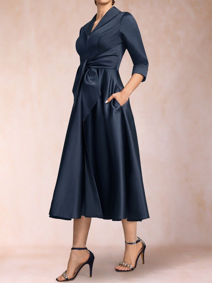 A-Line/Princess V-Neck 3/4 Sleeves Tea-Length Mother of the Bride Dresses with Belt &amp; Pockets