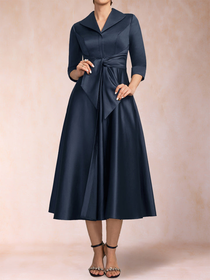 A-Line/Princess V-Neck 3/4 Sleeves Tea-Length Mother of the Bride Dresses with Belt &amp; Pockets
