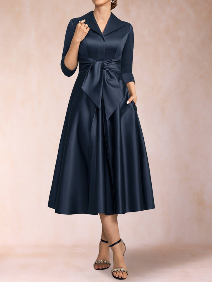 A-Line/Princess V-Neck 3/4 Sleeves Tea-Length Mother of the Bride Dresses with Belt &amp; Pockets