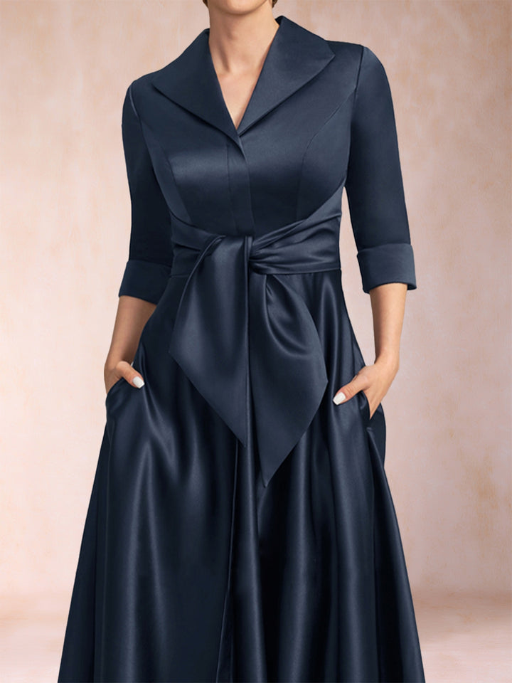 A-Line/Princess V-Neck 3/4 Sleeves Tea-Length Mother of the Bride Dresses with Belt &amp; Pockets
