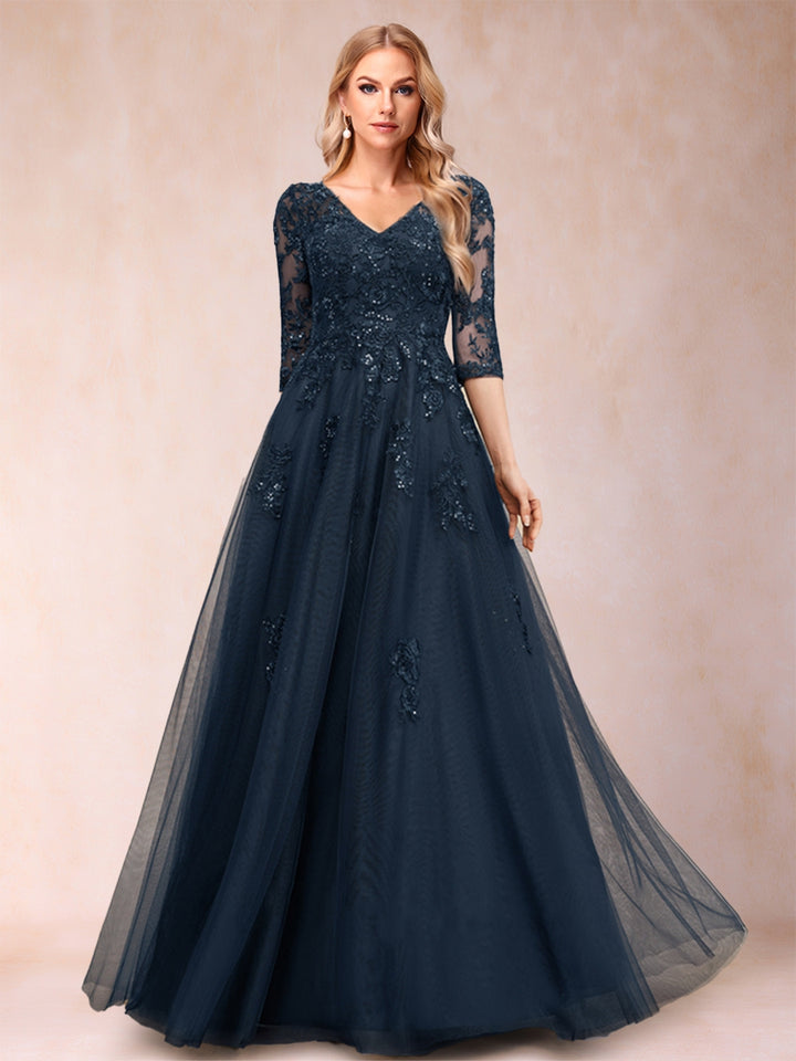 A-Line/Princess V-Neck 3/4 Sleeves Tulle Mother of the Bride Dresses with Appliques &amp; Sequins