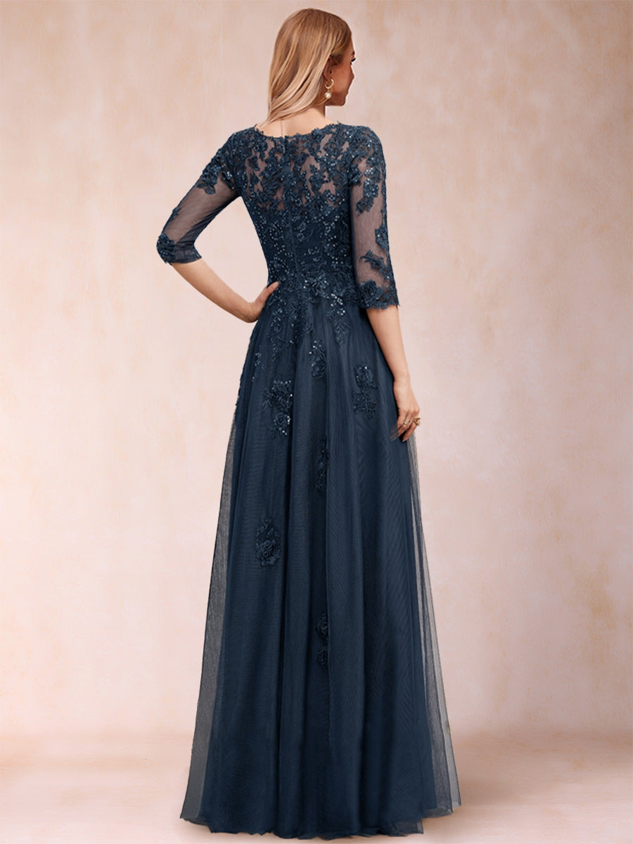 A-Line/Princess V-Neck 3/4 Sleeves Tulle Mother of the Bride Dresses with Appliques &amp; Sequins