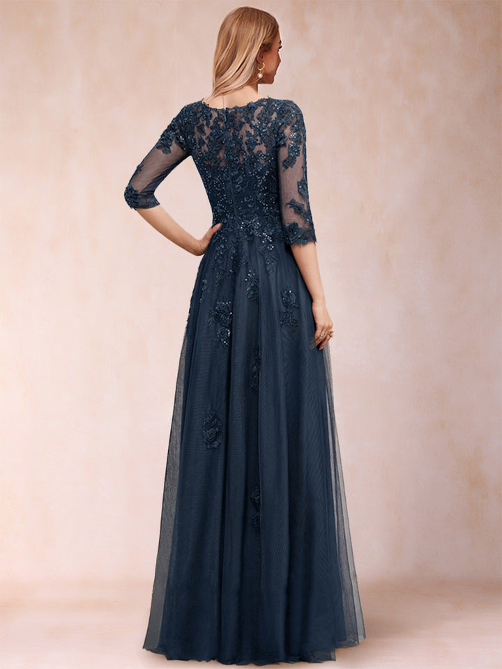 A-Line/Princess V-Neck 3/4 Sleeves Tulle Mother of the Bride Dresses with Appliques &amp; Sequins