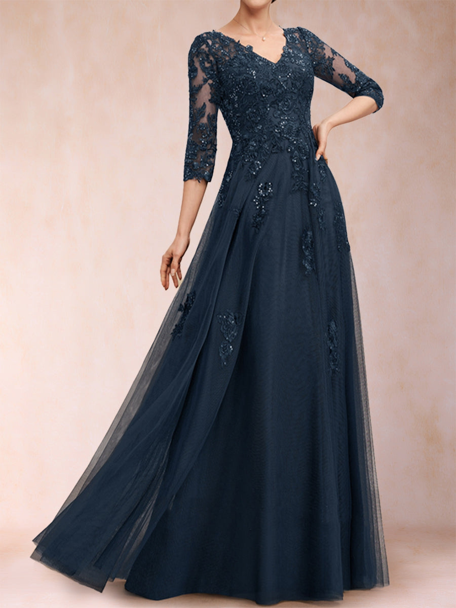 A-Line/Princess V-Neck 3/4 Sleeves Tulle Mother of the Bride Dresses with Appliques &amp; Sequins