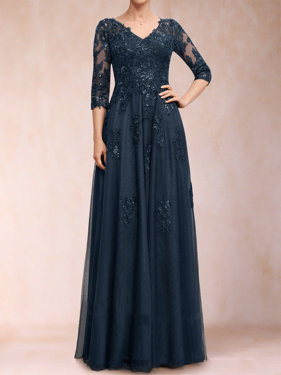 A-Line/Princess V-Neck 3/4 Sleeves Tulle Mother of the Bride Dresses with Appliques &amp; Sequins