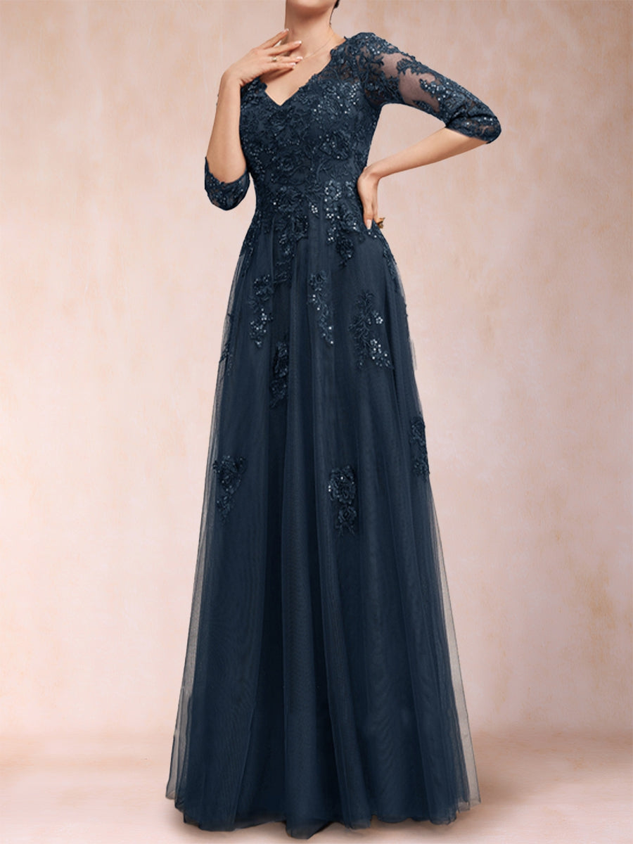 A-Line/Princess V-Neck 3/4 Sleeves Tulle Mother of the Bride Dresses with Appliques &amp; Sequins