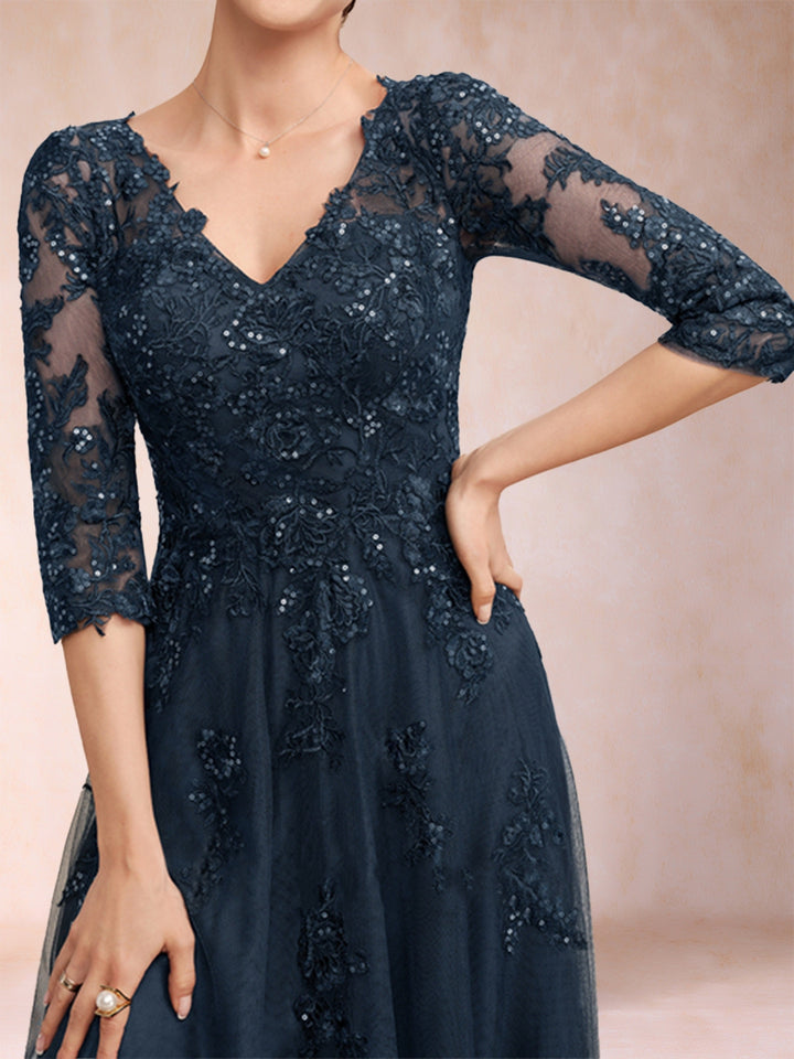 A-Line/Princess V-Neck 3/4 Sleeves Tulle Mother of the Bride Dresses with Appliques &amp; Sequins