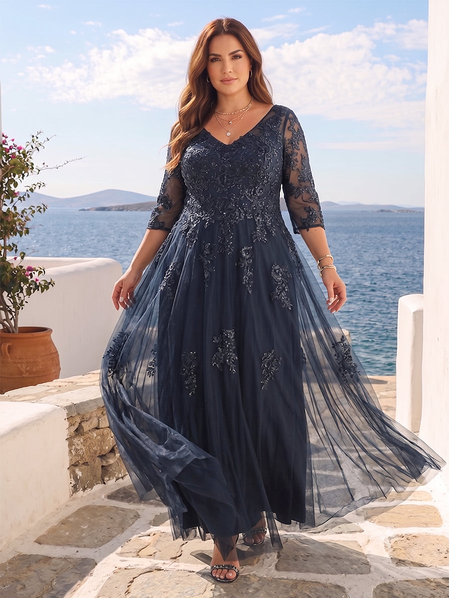 A-Line/Princess V-Neck 3/4 Sleeves Plus Size Mother of the Bride Dresses with Appliques &amp; Sequins