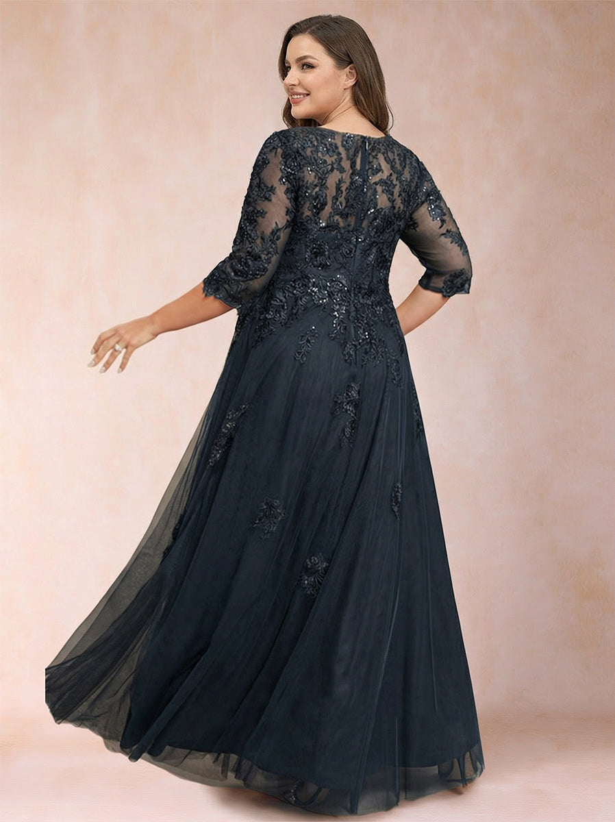 A-Line/Princess V-Neck 3/4 Sleeves Plus Size Mother of the Bride Dresses with Appliques &amp; Sequins