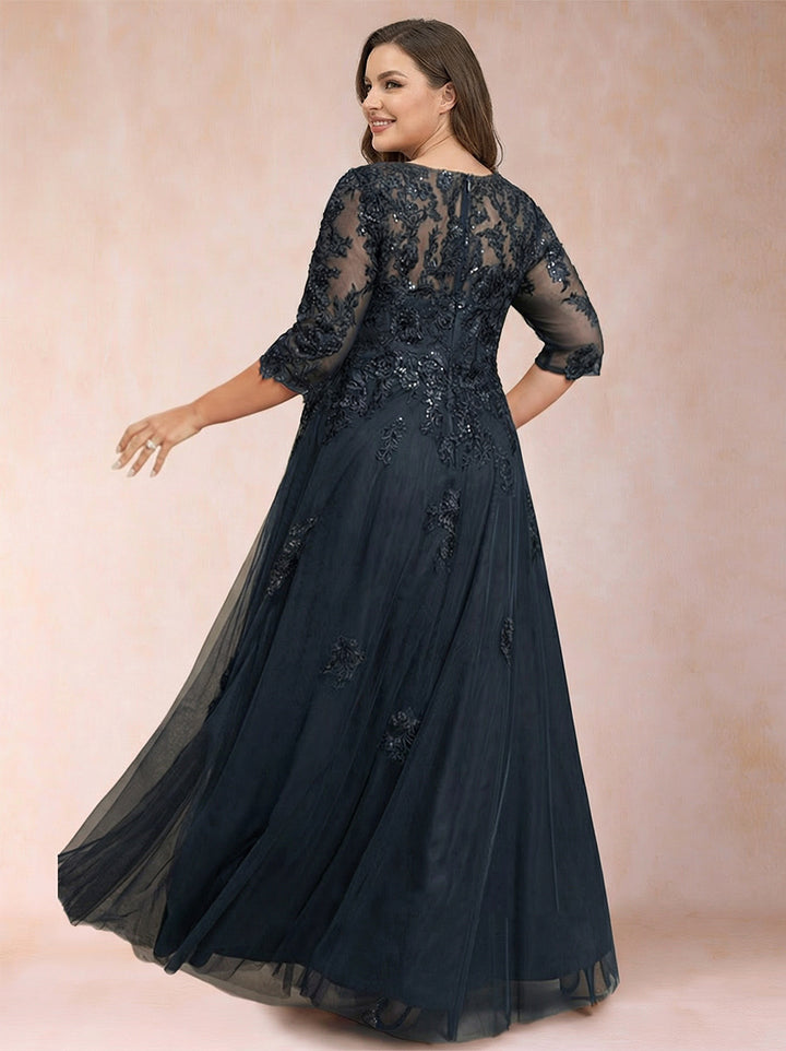 A-Line/Princess V-Neck 3/4 Sleeves Plus Size Mother of the Bride Dresses with Appliques &amp; Sequins