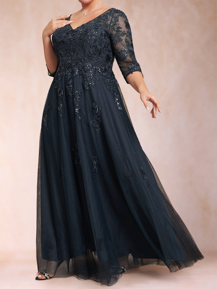 A-Line/Princess V-Neck 3/4 Sleeves Plus Size Mother of the Bride Dresses with Appliques &amp; Sequins