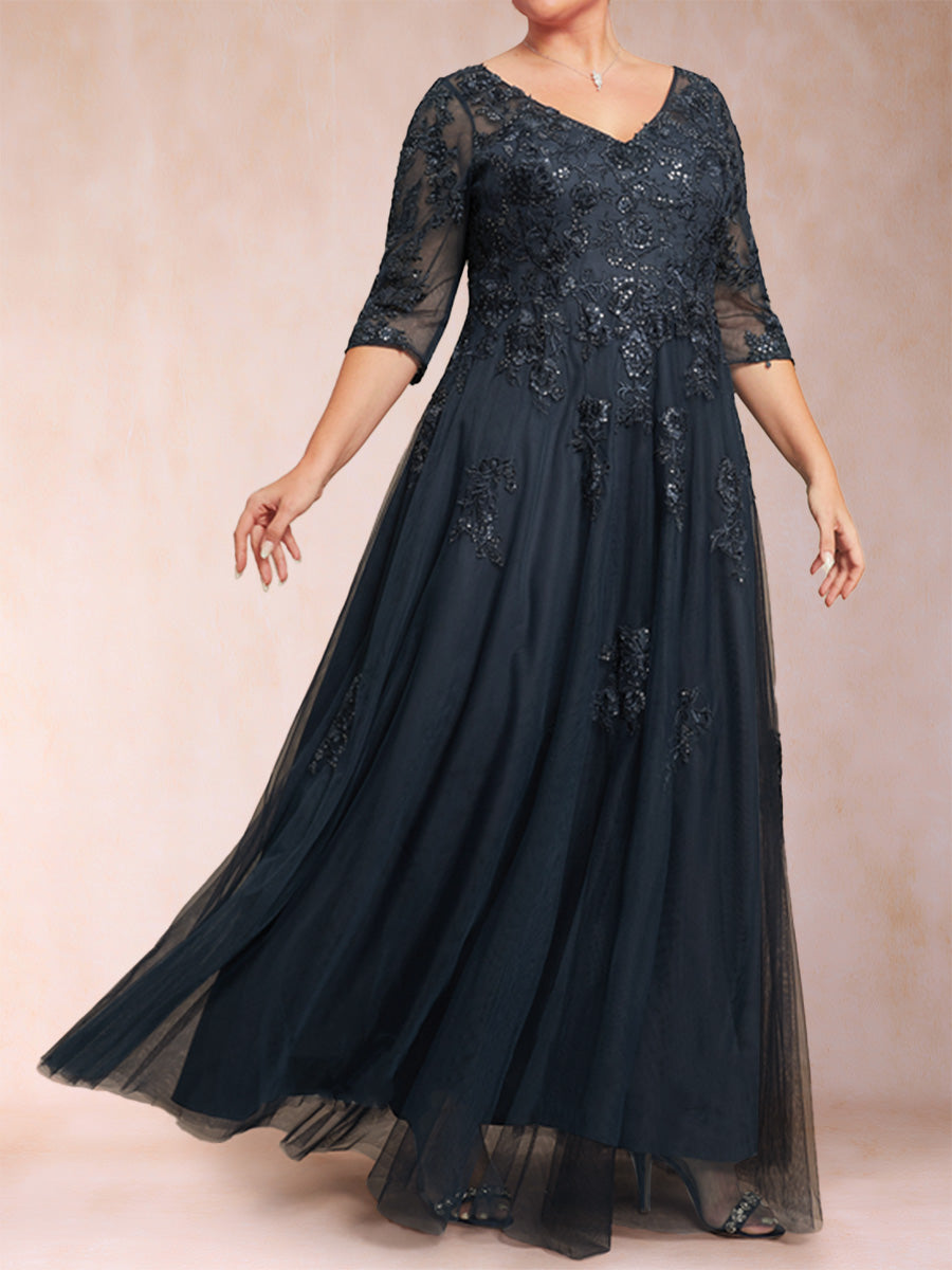 A-Line/Princess V-Neck 3/4 Sleeves Plus Size Mother of the Bride Dresses with Appliques &amp; Sequins