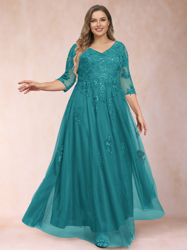 A-Line/Princess V-Neck 3/4 Sleeves Plus Size Mother of the Bride Dresses with Appliques &amp; Sequins