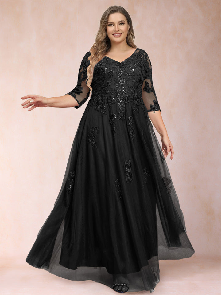 A-Line/Princess V-Neck 3/4 Sleeves Plus Size Mother of the Bride Dresses with Appliques &amp; Sequins